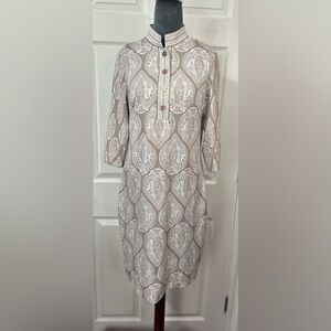 Gretchen Scott Designs Tan and White Leaf Print Midi Dress